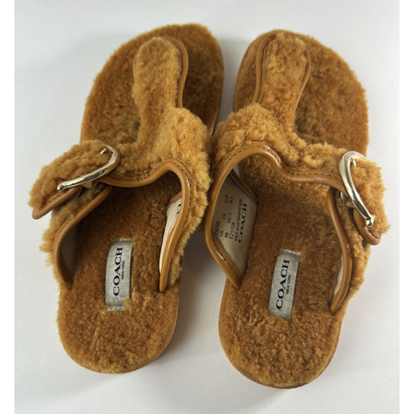 Coach Hollie Flip Flops Plush Shearling Slip On Thong Sandals Butterscotch Sz 9B - Picture 5 of 14